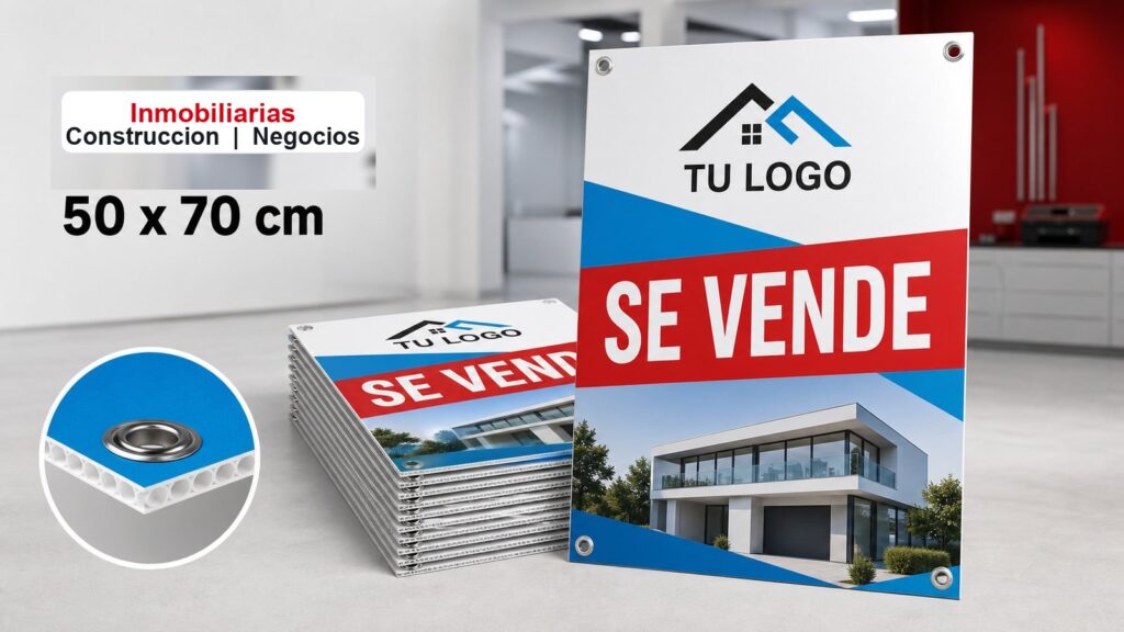 Carteles personalizados 50x70 cm para inmobiliarias construccion y negocios con ojales